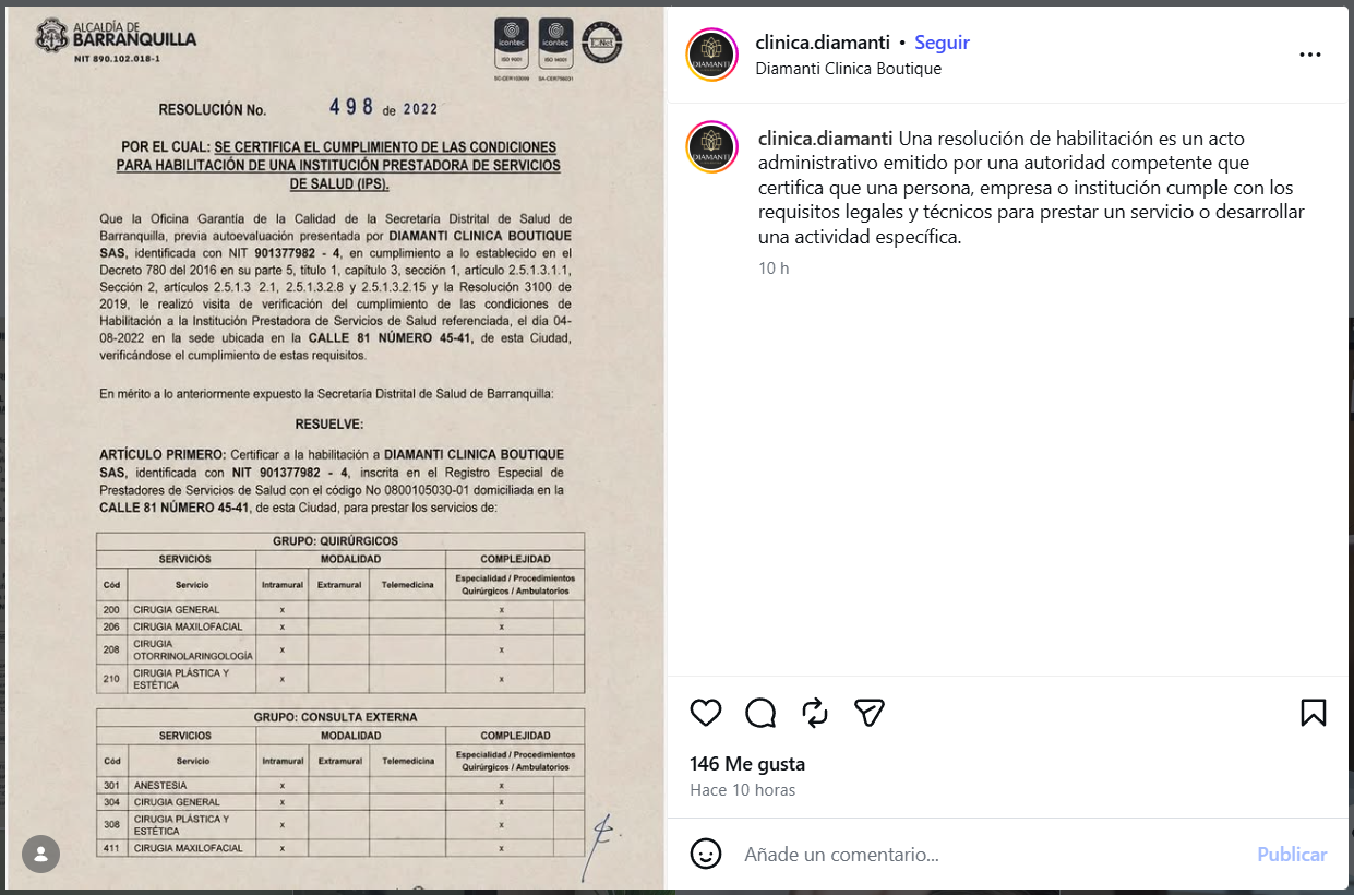 Resolución de habilitación. Publicación de Instagram de la clínica. 