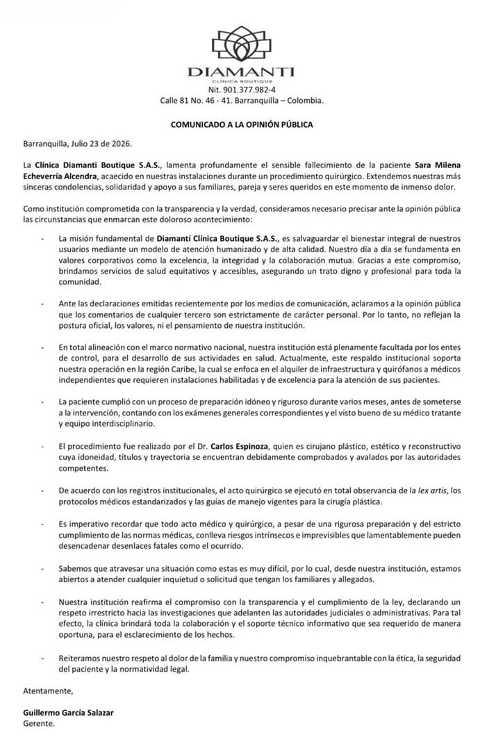Comunicado de la Clínica Diamanti Boutique S.A.S.