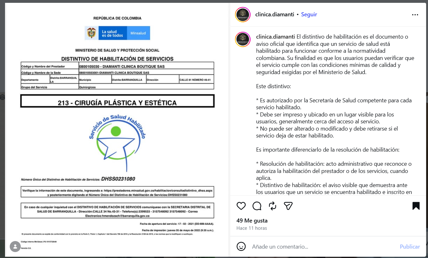 Distintivo de habilitación. Publicación de Instagram de la clínica. 