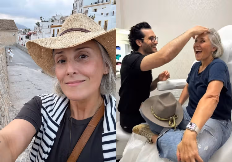 Split image of Ricki Lake: on the left, a makeup-free selfie two years after her facelift; on the right, Lake smiling with her plastic surgeon, Dr. Allen Foulad, in his office.