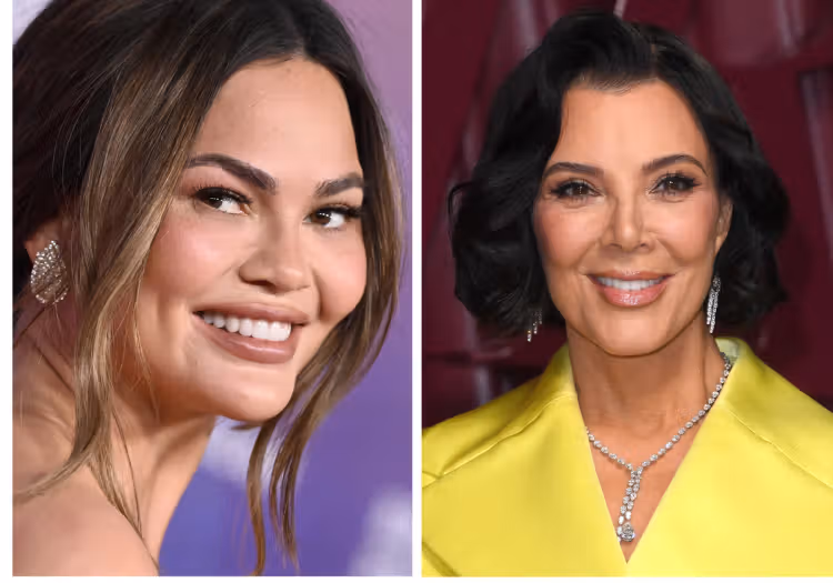Side-by-side portraits of Chrissy Teigen smiling on the left and Kris Jenner wearing a bright yellow jacket on the right.